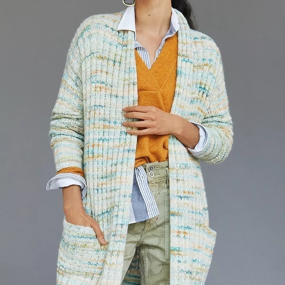 Anthropologie Space-Dyed Longline Cardigan Sweater Size M Bohemian Cottagecore - Picture 2 of 12